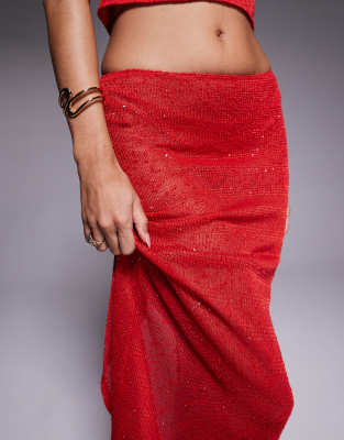 South Beach Knit Sequin Maxi Skirt In Red