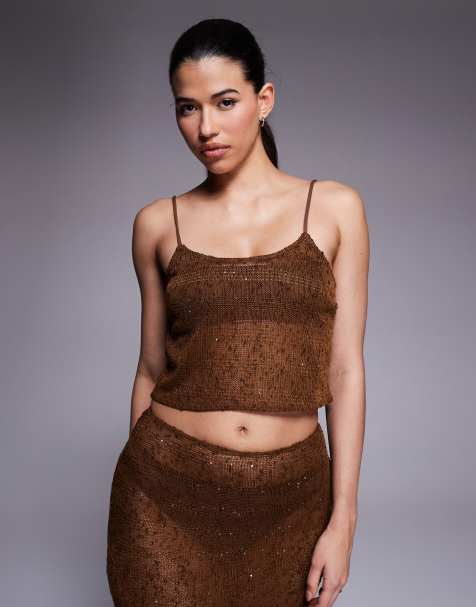 South Beach knit sequined beach top in brown - view 1