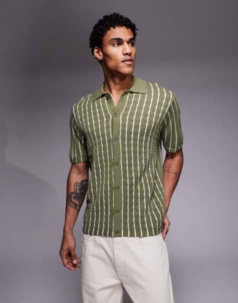 South Beach knit shirt in khaki green stripes - view 1