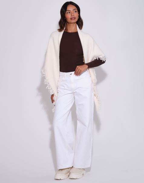 South Beach Knitted fringe triangle scarf shawl in cream - view 1