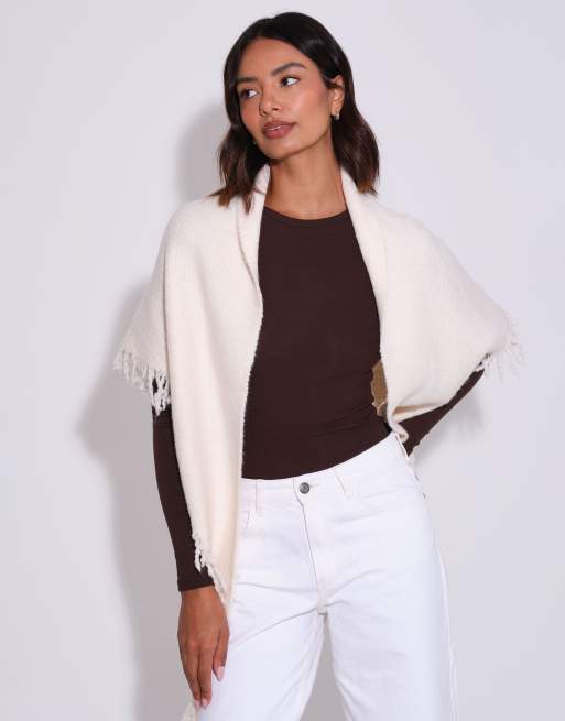 South Beach Knitted fringe triangle scarf shawl in cream, 2 of 4