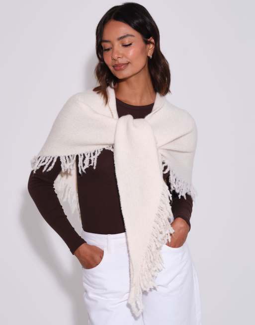 South Beach Knitted fringe triangle scarf shawl in cream, 3 of 4