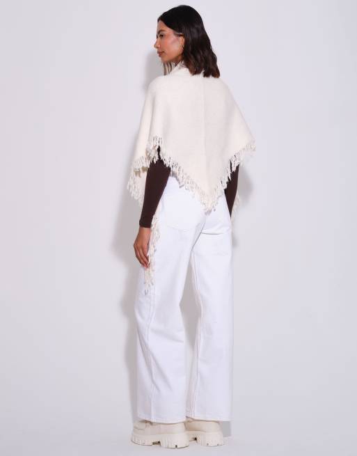 South Beach Knitted fringe triangle scarf shawl in cream, 4 of 4