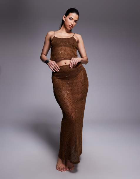 South Beach knitted sequin beach co-ord in brown - view 1