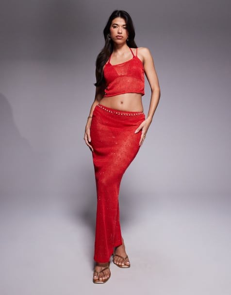 South Beach knitted sequin beach co-ord in red - view 1