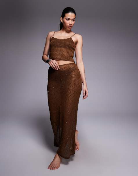 South Beach knitted sequin beach maxi skirt in brown