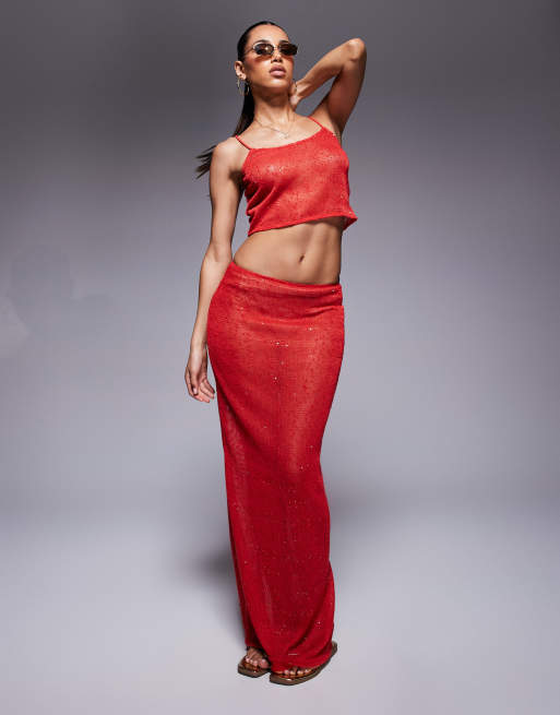 South Beach knitted sequin beach set in red