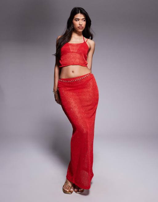 South Beach knitted sequin cami top in red, 3 of 4