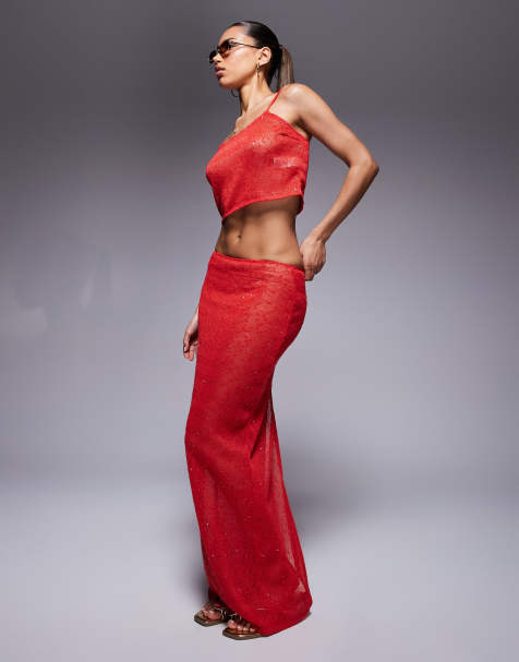 South Beach knitted sequin maxi skirt in red - view 1
