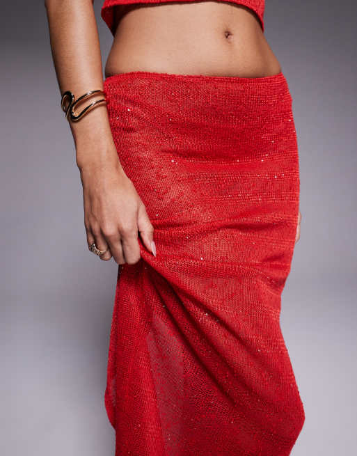 South Beach knitted sequin maxi skirt in red, 2 of 5