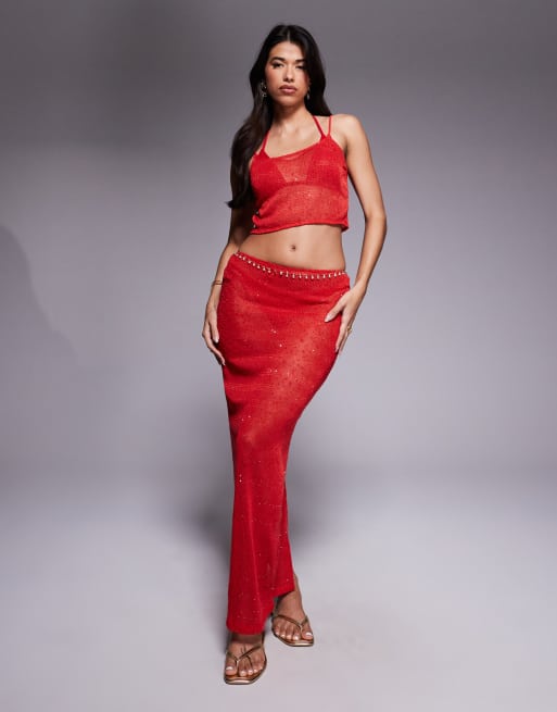 South Beach knitted sequin maxi skirt in red, 3 of 5