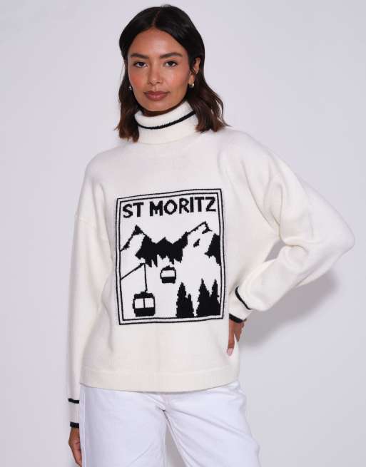 South Beach Knitted st mortiz long sleeve funnel neck jumper in cream, 3 of 6