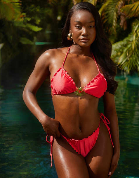South Beach triangle bikini top with frill hem and flower detail in coral