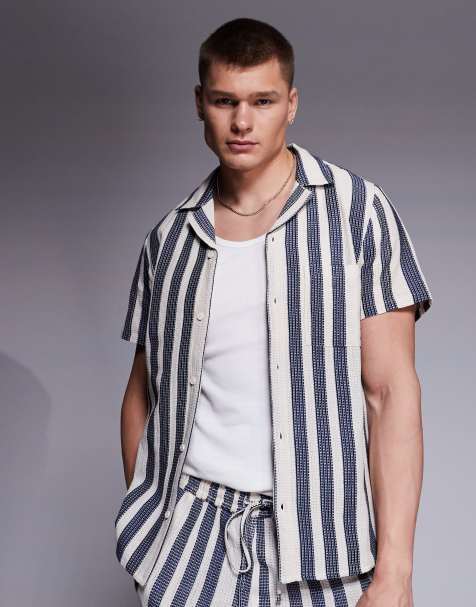 South Beach textured stripe short sleeve shirt co-ord in blue