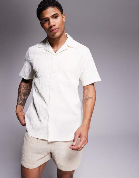 South Beach textured short sleeve beach shirt in cream