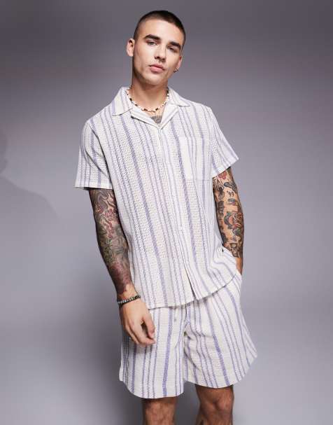 South Beach stripe short sleeve beach shirt co-ord in cream blue stripe