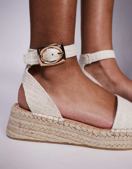 South Beach – Kremowe dwuczęściowe sandały espadryle z imitacji lnu, 3 z 4