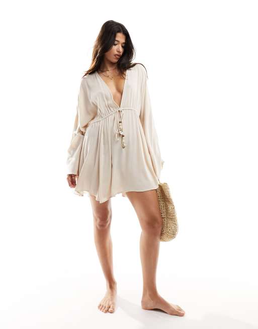 South Beach – Kremowe kimono plażowe z balonowymi rękawami, 4 z 4