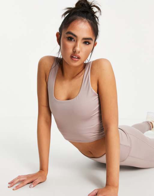 South Beach – Kurz geschnittenes Longline-Oberteil mit eckigem Ausschnitt in Beige