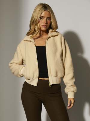 South Beach - Kürzere Jacke aus Teddyfell in Creme mit Fleece-Innenseite-Weiß