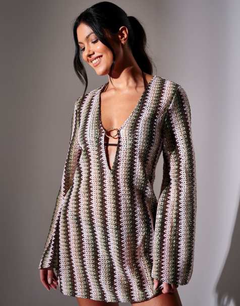 South Beach – Kurzes, mehrfarbiges Kaftankleid im Häkeldesign mit Paillettenbesatz und Ringdetail - view 1