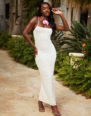 lace beach maxi dress with bow detail and back slit in cream-White