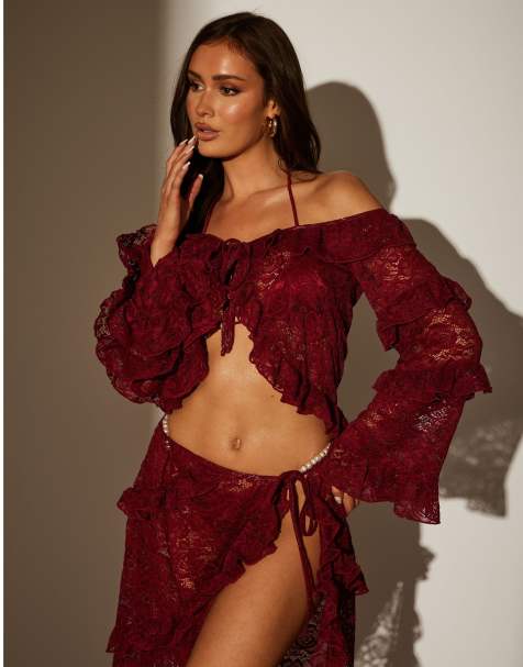 South Beach Lace off shoulder ruffle top in burgundy - view 1
