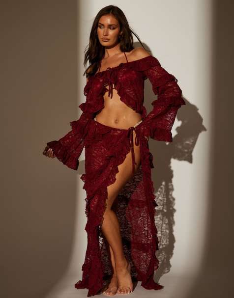 South Beach Lace ruffle maxi skirt in burgundy - view 1
