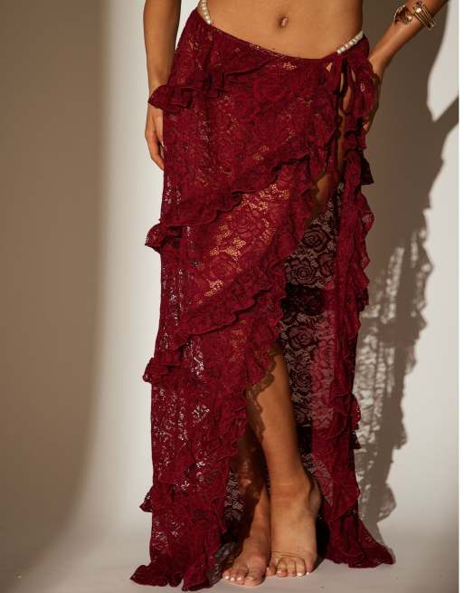 South Beach Lace ruffle maxi skirt in burgundy, 2 of 4