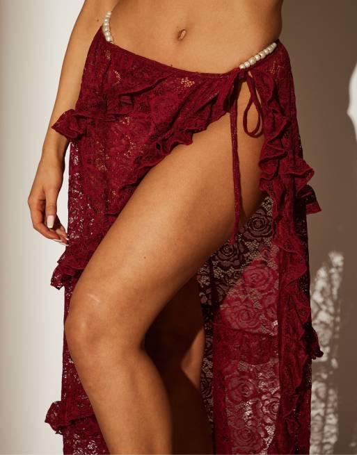 South Beach Lace ruffle maxi skirt in burgundy, 4 of 4