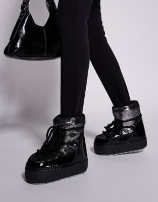 Lace Up Snow Boot in Black-Silver