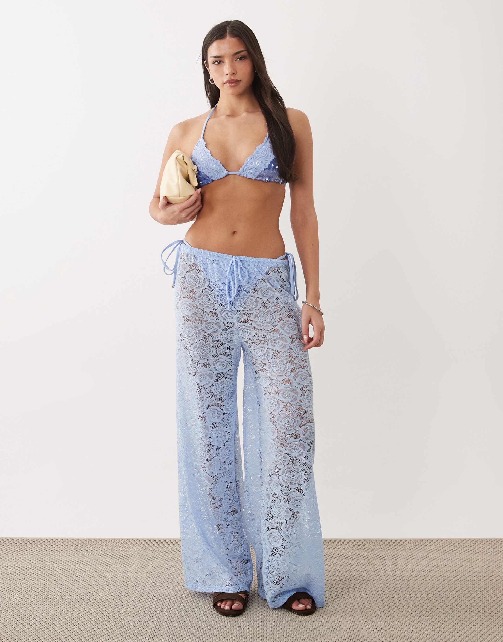 south beach lace wide leg pants in dusky blue