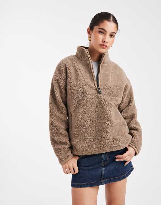 South Beach Ladies borg jacket borg quarter zip jacket in taupe