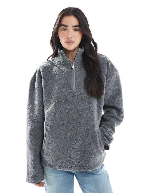 South Beach Ladies borg jacket fleece back borg 1/4 zip jumper in grey