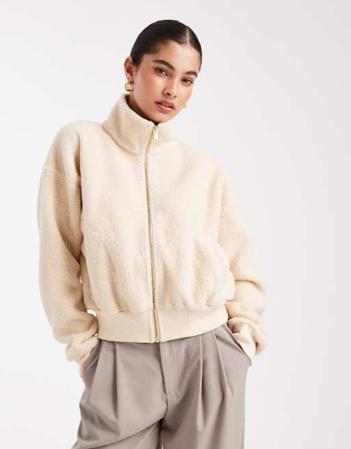 South Beach Ladies borg jacket fleece back borg cropped jacket in cream