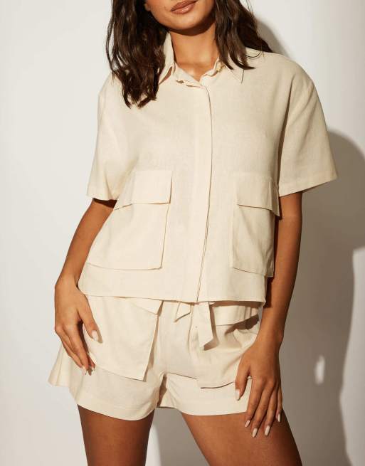 South Beach - Ladies - Chemise de plage style utilitaire en lin mélangé à manches courtes - Beige