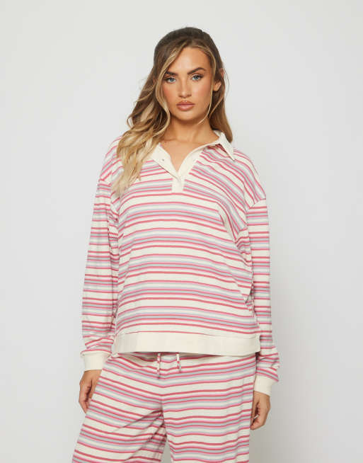 South Beach - Ladies - Chemise style rugby en maille à rayures avec manches longues - Rose