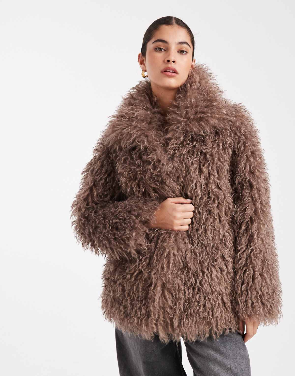 South Beach Ladies faux fur jacket mongolian faux fur jacket in brown