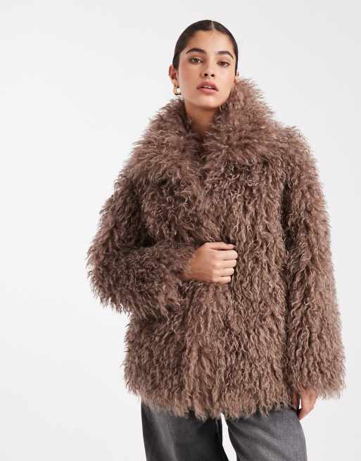 South Beach Ladies faux fur jacket mongolian faux fur jacket in brown
