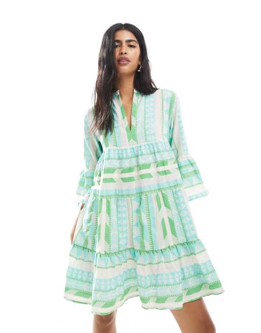 south beach jacquard dress Green Jacquard 3/4 Sleeve Tiered Dress  South Beach