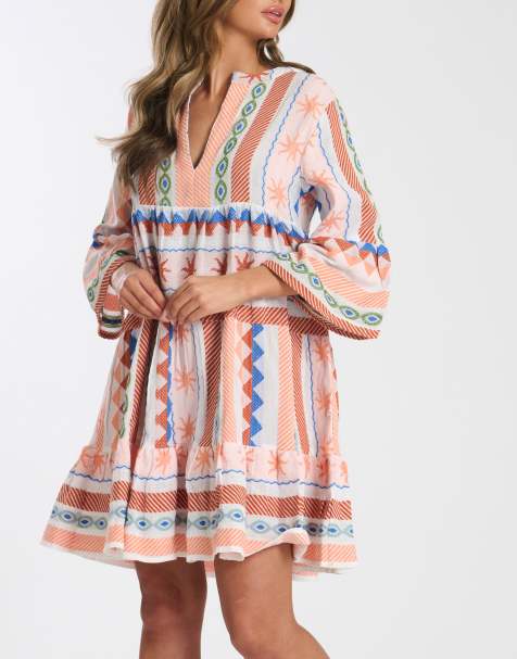 South Beach Ladies jacquard 3/4 sleeve mini dress jacquard 3/4 sleeve tiered mini dress in multi - view 1