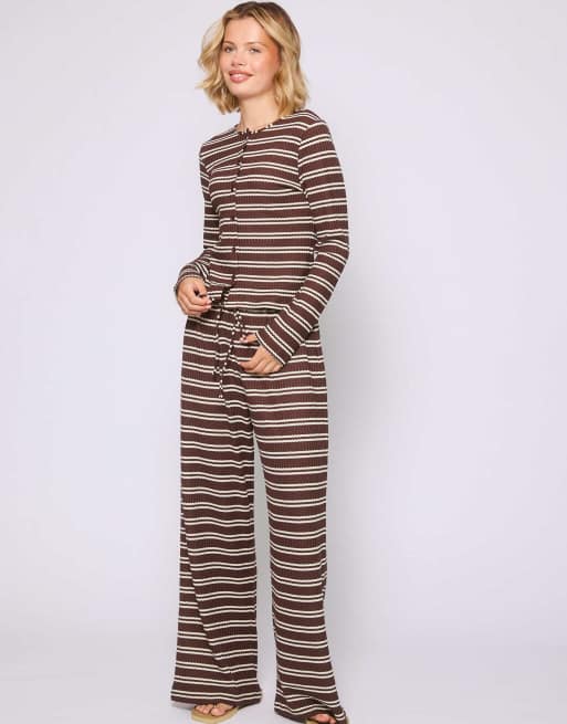 South Beach Ladies knitted trousers stripe knitted wide leg trouser in brown