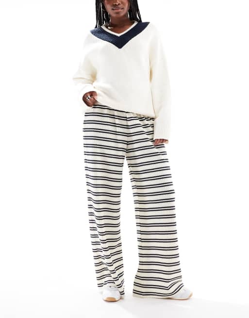 South Beach Ladies knitted trousers stripe knitted wide leg trouser in navy