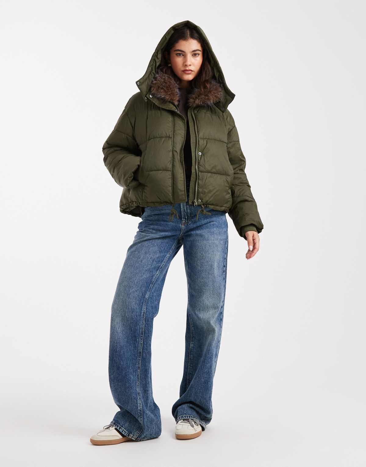 South Beach Ladies padded jacket padded jacket faux fur lined hood in khaki