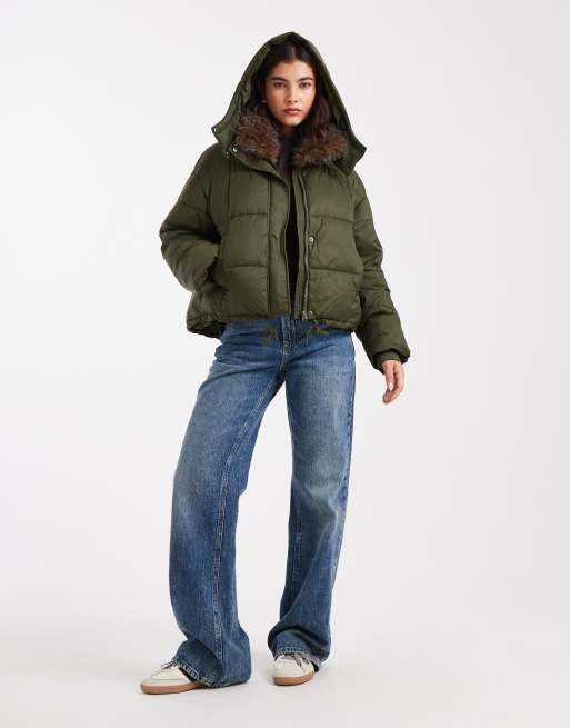 South Beach Ladies padded jacket padded jacket faux fur lined hood in khaki