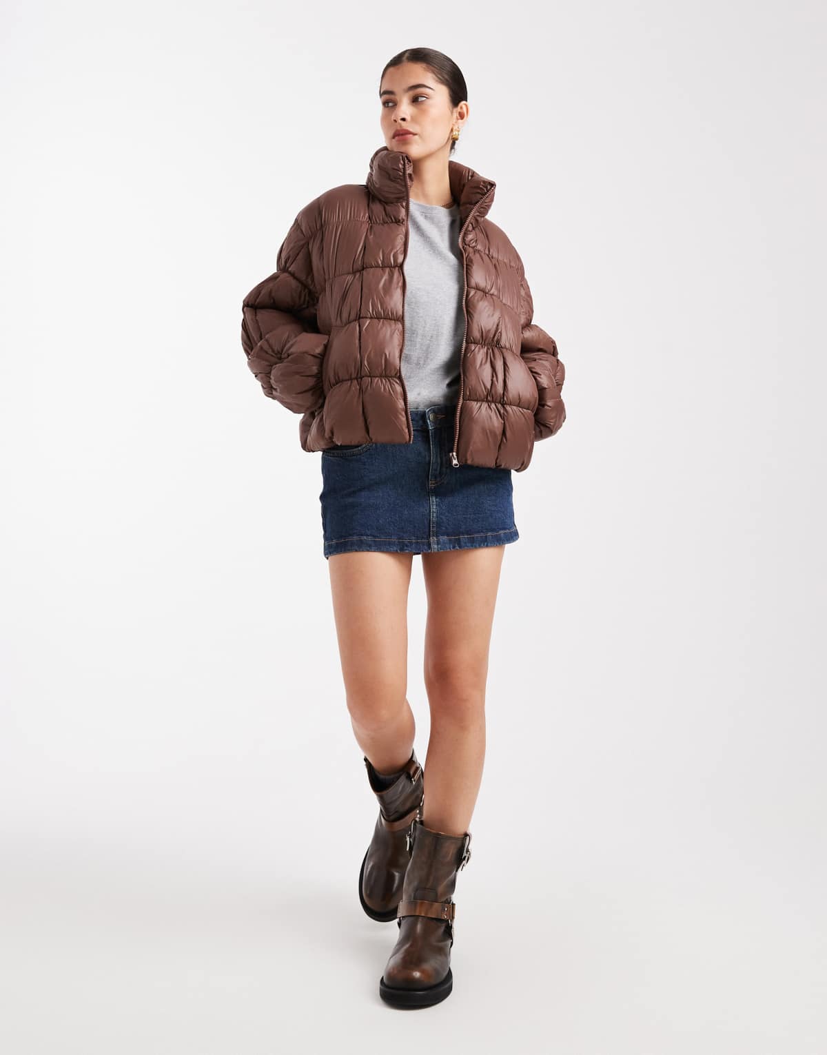 South Beach Ladies quilted jacket high shine quilted jacket with ruched sleeve detail in brown