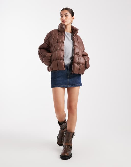South Beach Ladies quilted jacket high shine quilted jacket with ruched sleeve detail in brown