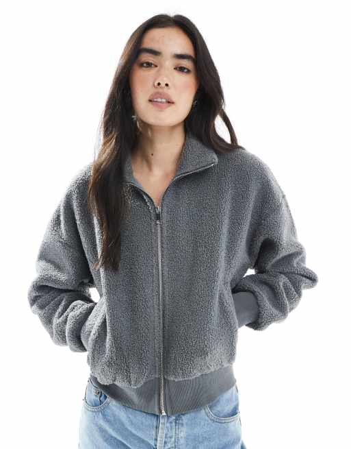 South Beach - Ladies - Veste courte en imitation peau de mouton sur la face externe et interne - Gris