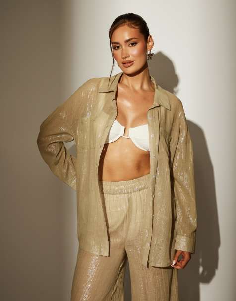 South Beach – Langärmliges Strandhemd in Metallic-Optik in Khaki - view 1