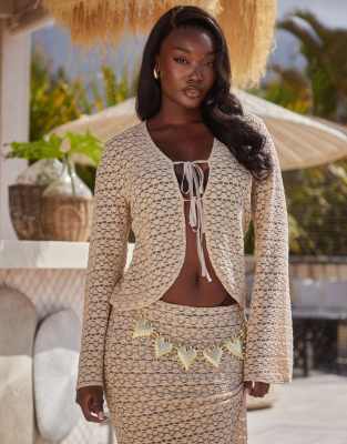 South Beach - Langärmliges Strandoberteil in Beige mit Popcorn-Strickmuster und Schnürung vorne-Neutral